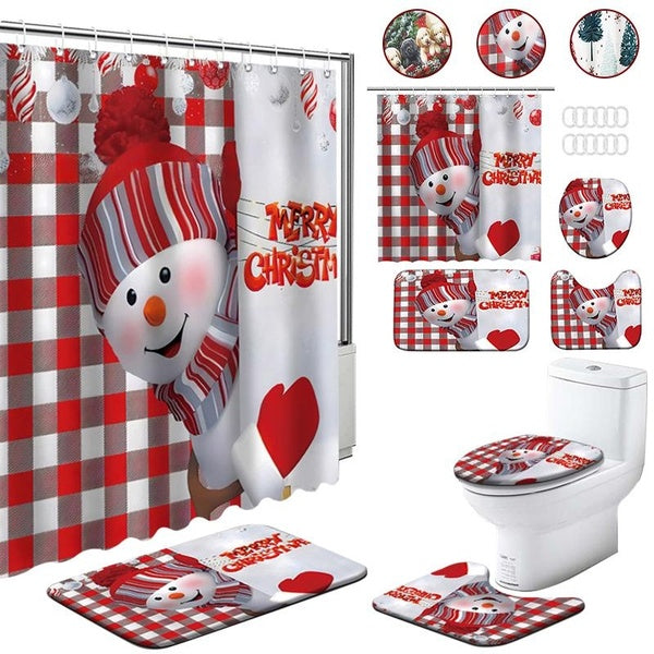 1-4pcs Christmas Shower Curtain,Xmas Wreath Dog Shower Curtain Merry Christmas Bathroom Set Decor with Xmas Tree Red Vintage Truck Shower Curtain New