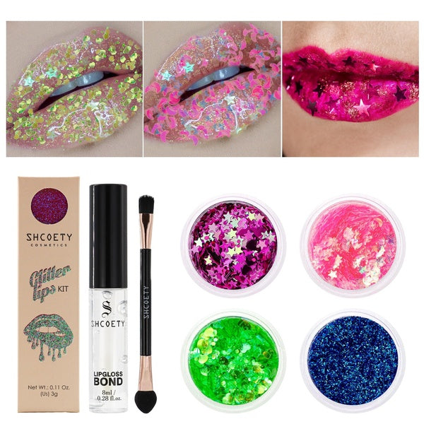 Polarized high pigment sequin powder, fine shiny lip gloss, sequin lipstick with brush and glue, suitable for Halloween parties