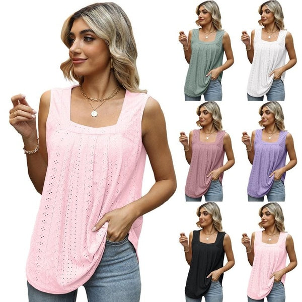 Women's Summer Fashion Casual Square Neck Hollow T-shirt Ladies Casual Sleeveless Blouses Female Pleated Solid Color Tank Tops