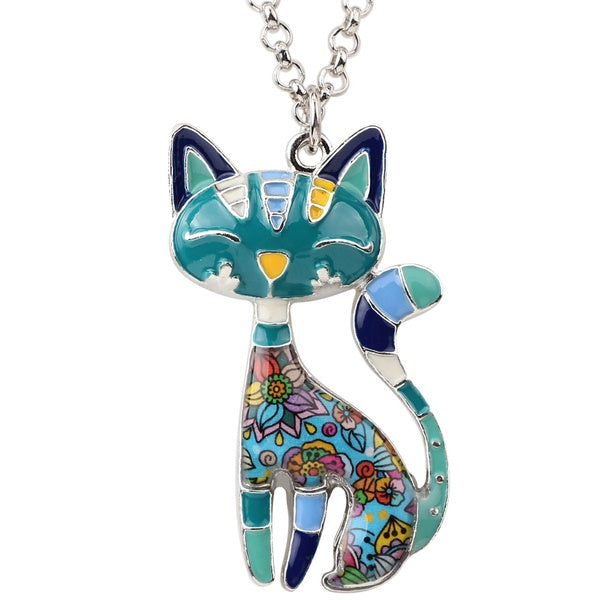 Enamel Alloy Floral Elegant Cat Kitten Necklace Collar Chain Choker Animal Pets Jewelry for Women Girls Kids Charm Pendant Accessory