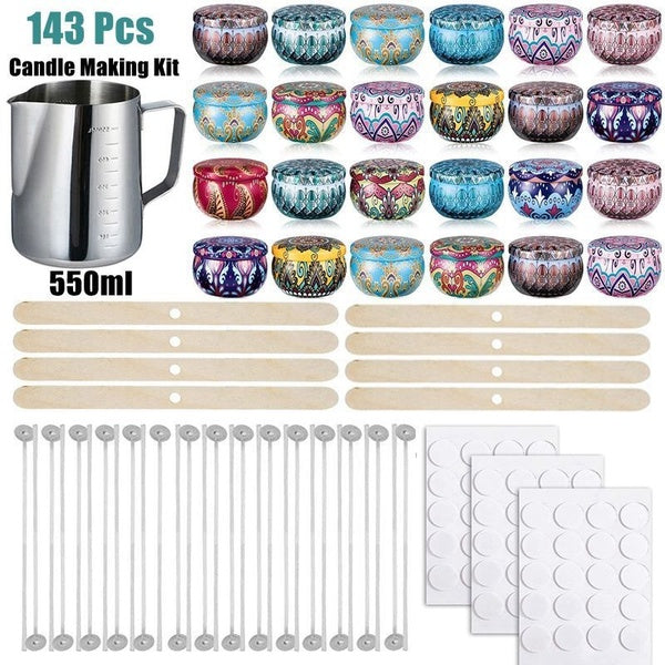 143 Pcs-Set Candle Making Kit With Stainless Steel Pour Pot,24 Pcs 2.2oz Candle Tin Round Containers,60 Pcs Candle Wicks Sticker,50 PCS Candle Wick