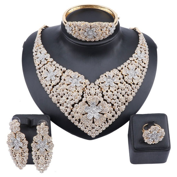 Wedding Jewelry Statement Gold Plated Crystal Rhinestones Necklace Earrings Bangle Ring Bridal Jewellery Set