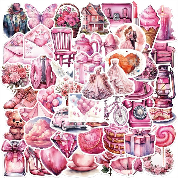50pcs-pack Pink Wedding Waterproof DIY Scrapbooking & Stamping Stickers For Laptop Garage Door Fridge Guitar Suitcase Car Motorcycle Snowboard Scrapb
