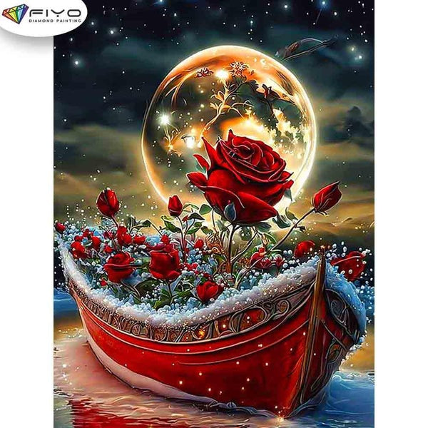 FIYO Rose and Moon and Boat Diamond Painting Kits For Adults DIY 5D Diamond Mosaic Diamond Painting Home and Kitchen Fashion Canvas Pictures Wall Dec