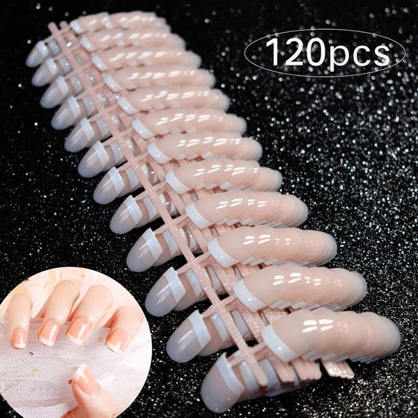 120pcs Short Beige French Nails Nude Color Classical Fake Nails Full Wrap Nail Art Tips for Daily Wear