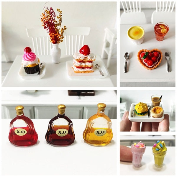 1:12 Scale Dollhouse Miniatures Mini Cake-Bread-Water-Milk-Wine-Drink Doll House Accessories Resin Kids Toy