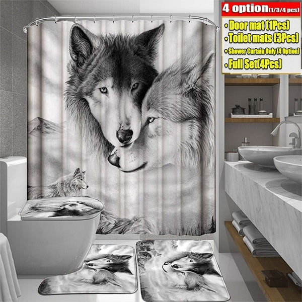 3D White Wolf Print Bathroom Decoration Carpet Set Bathroom White Wolf Waterproof Shower Curtain Non Slip Pad Bathroom Carpet Toilet Seat Cover Floor