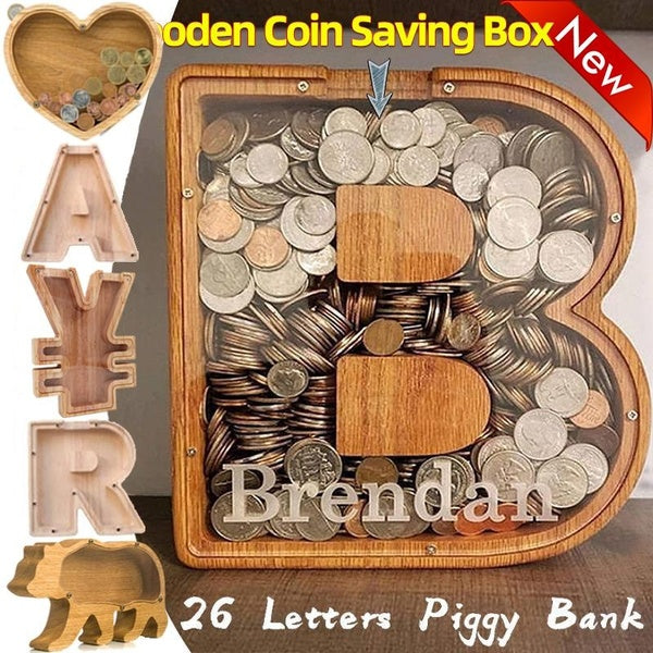 26 lettres en bois tirelire 43 styles animaux forme pièce de monnaie boîte d'économie d'argent avec nom autocollant personnalisé pot pièces de monnai