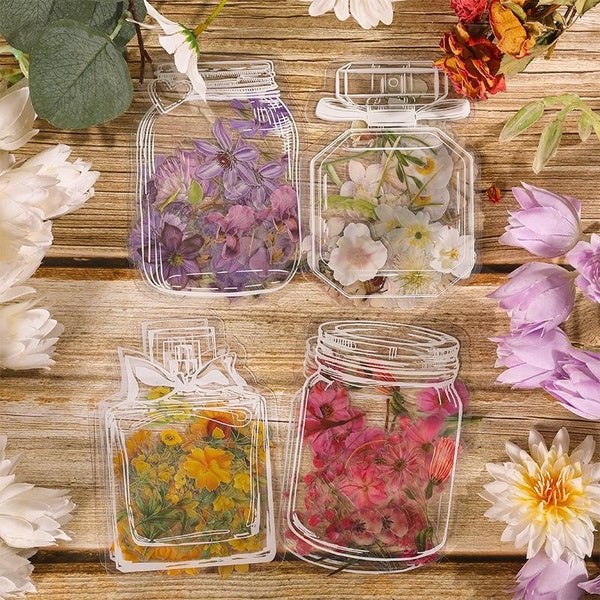 62pcsTransparent Glazed Ware Bottle Shape-Flowers Stickers Decorative Decals Paper Scrapbooking Embellishment Supplies Bookmark DIY Art Craft