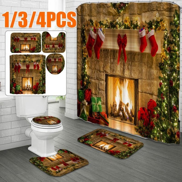 Merry Christmas Fireplace Pattern Bathroom Set Waterproof Shower Curtain Non-slip Soft Bath Mats Bath Carpets Toilet Seat Cover Floor Mat Bathroom De