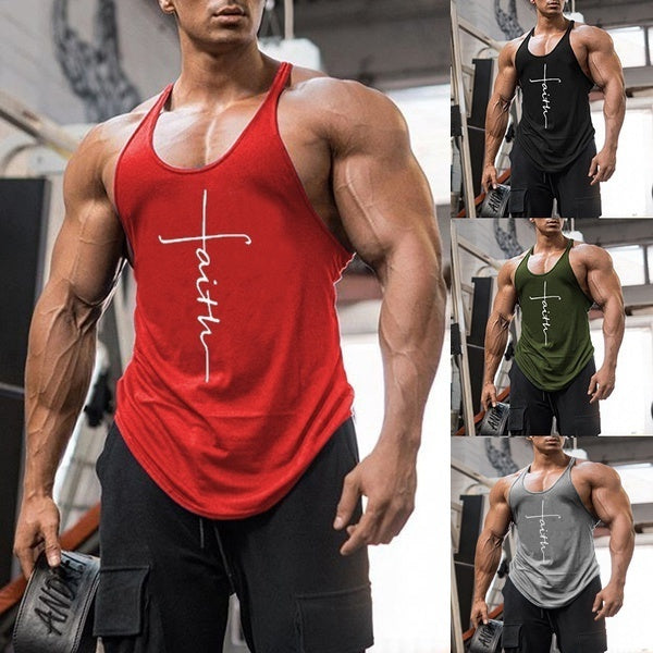 New Men's Faith Print Gym Bodybuilding Vest Oversize Sleeveless Fitness Shirt Muscle Tank Tops