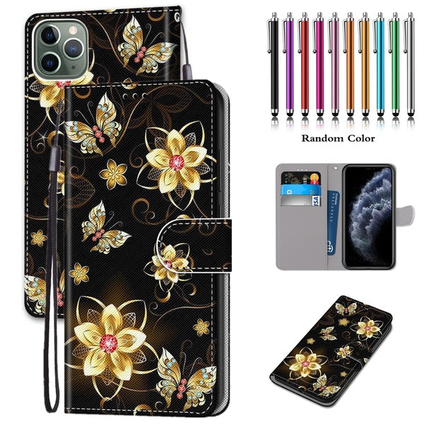 Diamond Butterfly Pattern PU Leather Wallet Style Flip Cover With Card Holder Protection Mobile Phone Bag Case With Stylus Pen For iPhone 7 6 6S Sams