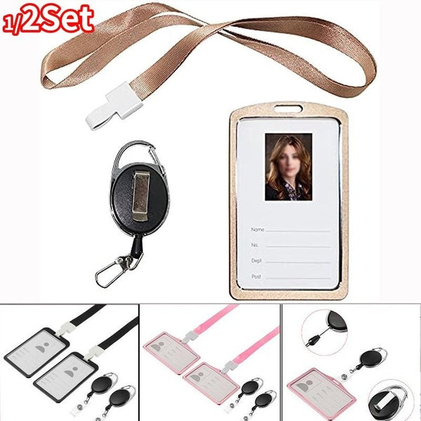 1-2 ensembles de porte-badges d'identité avec pochette portefeuille à fermeture éclair - Étui avec fentes pour cartes, lanière de cou amovible et bob