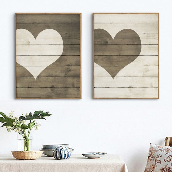 Wooden Love Heart Sign Poster Prints Romantic Couple Farmhouse Wall Art Canvas Painting Valentine's Day Gift Vintage Decorative Pictures Bedroom Deco