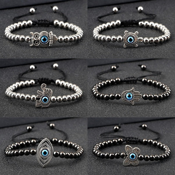 Evil Eye Tressé Bracelet Classique Eelephant Main Hibou Tortue Charme 5mm Pistolet Noir Cuivre Perle Réglable Mode Bijoux Femme Homme