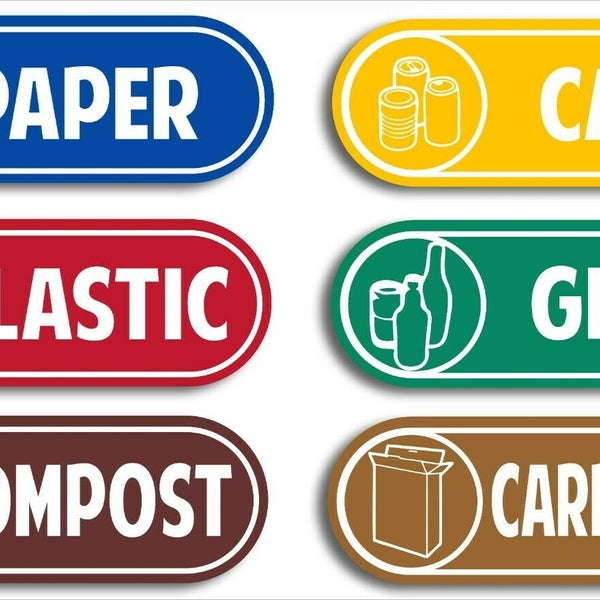 185mm(wide) 6PCs Recycling Signs Sticker Card Paper Glass Plastic Cans Compost