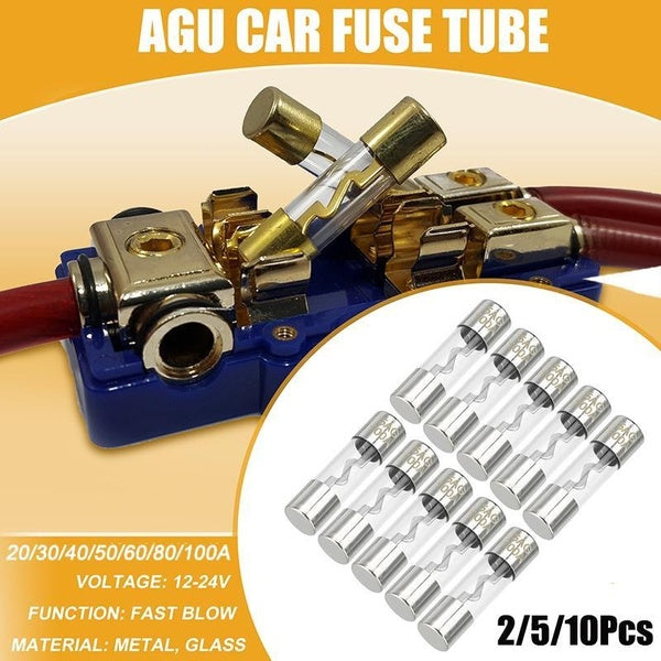 X AUTOHAUX 2-5-10 Pcs 10x38mm 0.39x1.50 Inch 20-30-40-50-60-80-100A Universal AGU Glass Fuse - Car Fuse Tube Power Safety Protect Glass Tube - Metal