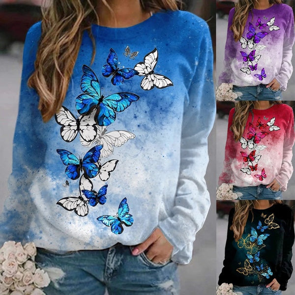 Women's Loose Casual Round neck Floral print long sleeve Butterfly print autumn tops blouses pullover Plus Size