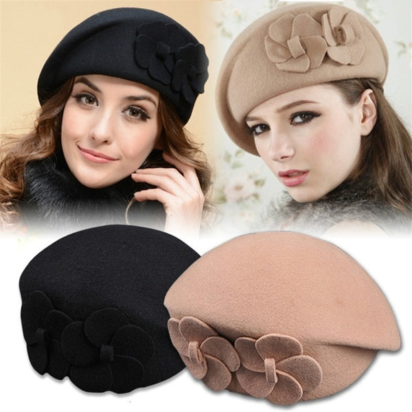 Elegant British Style Double Flower Woolen Beret Hat Ladies Winter Wool Felt Hat Airline Stewardess Cap(5 Colors)