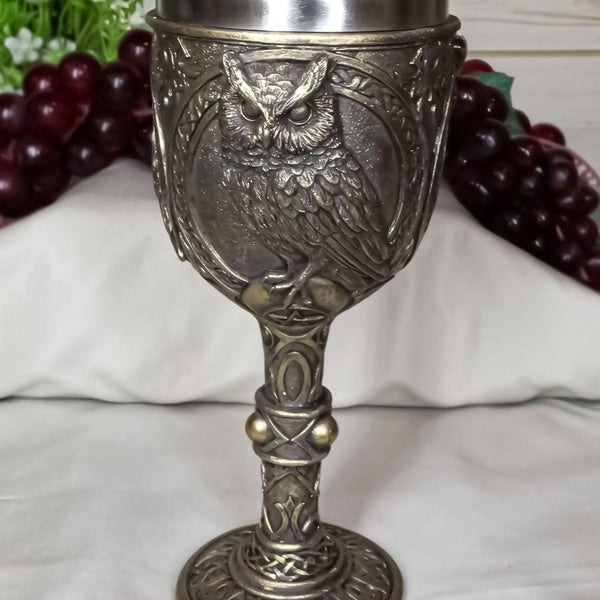 Wicca Wisdom Of The Woods Great Horned Owl Perching On Pentagram Wine Goblet