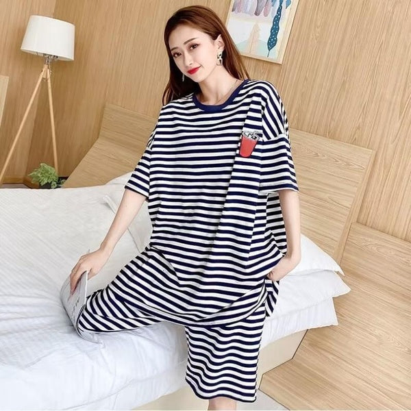 Plus Size 5XL Casual Women 2Pcs Set Short Sleeve Fruit Cartoon Striped Milk Cotton Loose Sleepwear Shirt + Pants Homewear