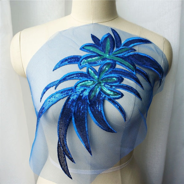 Royal blue Sequin Embroidery Lace Applique Sewing Flower Fabric Collar Patch Wedding Gown Bridal Party Dress DIY Crafts