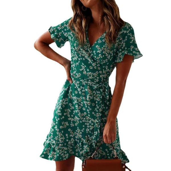 Women Dresses Summer V Neck Floral Print Boho Beach Dress Ruffle Short Sleeve A Line Mini Dress Wrap Sundress Robe
