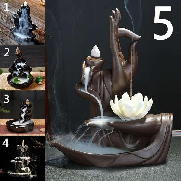 Ceramic Lotus Waterfall Smoke Backflow Incense Burner Holder Home Decor w- 20 Incense Cones (5 Styles)