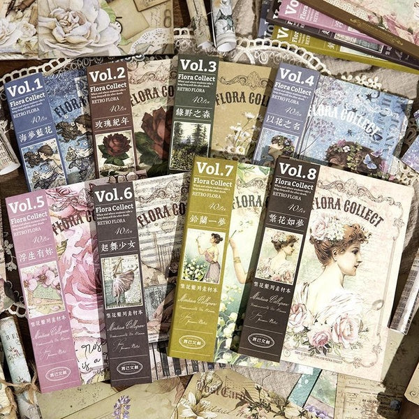 Vintage Flower Material Paper The Planner's Scrapbook Decoration Hand Account Collage DIY Decorative Paper 40 Pieces in One Book