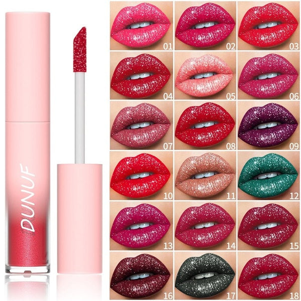DUNUF 18 Color 24-Hour Waterproof Metallic Glitter Liquid Lipstick Lipgloss Long-Lasting Dazzle Flash Diamond Lip Stick Lip Gloss Makeup Cosmetic