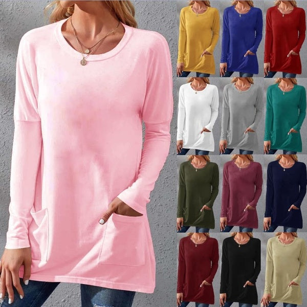 Fashion Clothes Women's Casual Long Sleeve Tee Shirts Ladies O-neck Blouses Solid Color Pullover Tops with Pocket