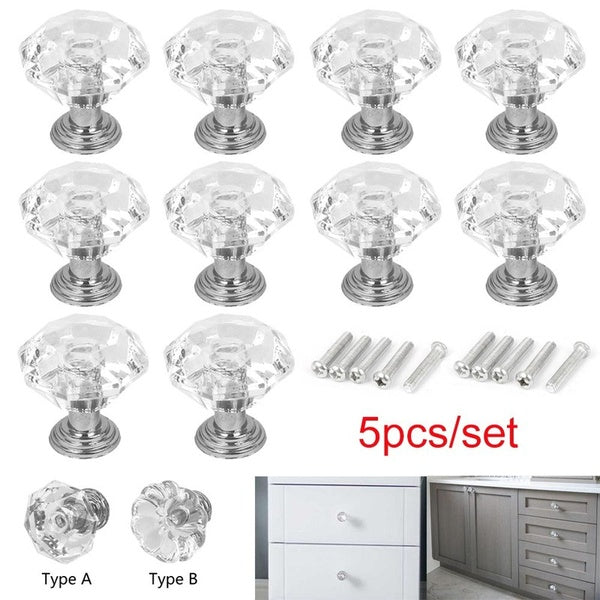 5pcs Europe Style Decoration Clear Crystal Door Knobs Drawer Cabinet Furniture Kitchen Pull Handle Diamond Shaped-Flower Shaped