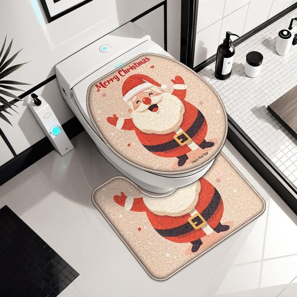 2pcs-set Snowman Santa Elk Elf Toilet Seat Cover and Rug Set Red Christmas Decorations Christmas Bathroom Toilet Ornament Decorations