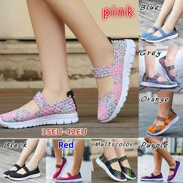 35-42 Fashion Ladies Casual Running Shoes Rainbow Sneaker Weave Mesh Fabric Soft Flats Shoes