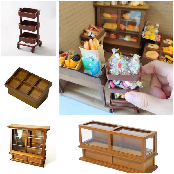1:12 Dollhouse Accessories Mini Bakery Shelves Bread-Dessert Cabinet Mulnut Showcase Retro Desk Mini Trolly Miniatures Collection
