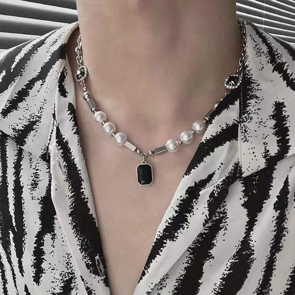 Punk Hip-hop Black Rhinestones Pendant Pearl Necklace Man Stainless Steel Jewelry 2022 Trend Choker Neck Chain Mens Jewellery
