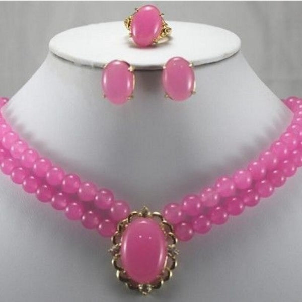 Bijoux fantaisie Charmant Luxueux Rose Jades Bague Boucles D'oreilles Collier Pendentif Ensemble de Bijoux