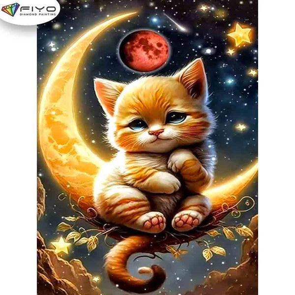 FIYO Yellow Moon and Cat Diamond Painting Kits For Adults DIY 5D Diamond Mosaic Diamond Painting Home and Kitchen Fashion Canvas Pictures Wall Decora