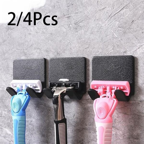 2-4PCS Adhesive Razor Holder Wall Mounted Bathroom For Shower Hook Rack Shaver Shaving Holder Black Plastic Hook