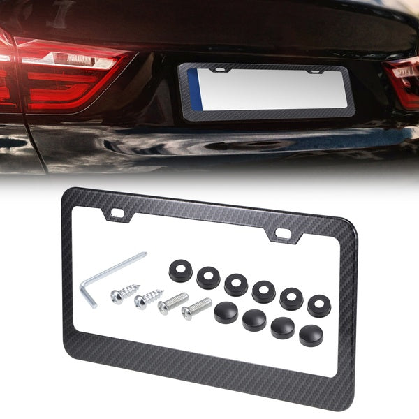 Universal Black Car License Plate Frame Cover Holders Stainless Steel Carbon Fiber Pattern 2 Holes