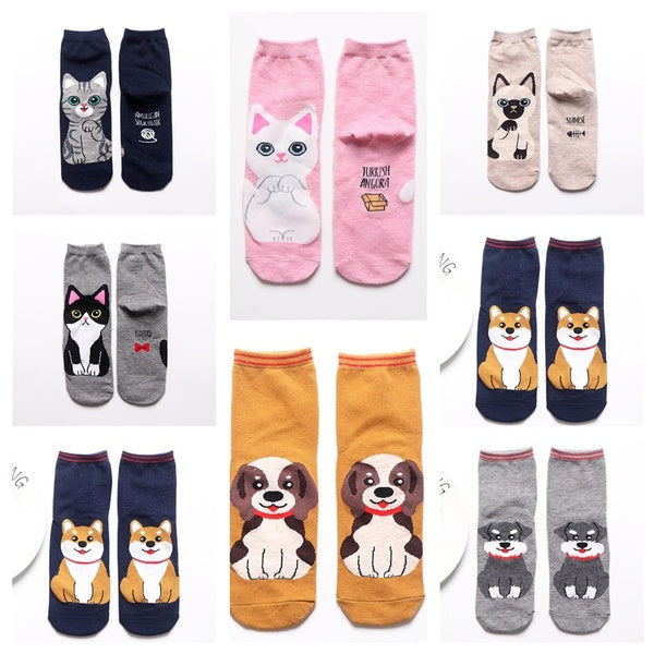 New Women Socks Cartoon Dog & Cat Printed Cotton Casual Cute Comfortable Socks Adult Socks