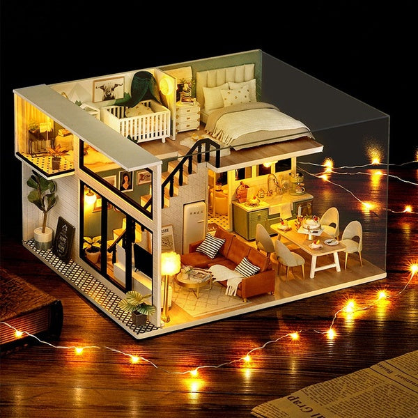 24.5*20.5*15cm DIY Doll House Wooden Doll Houses Miniature Dollhouse Furniture Kit Casa Music Led Toys For Kids Birthday Gift