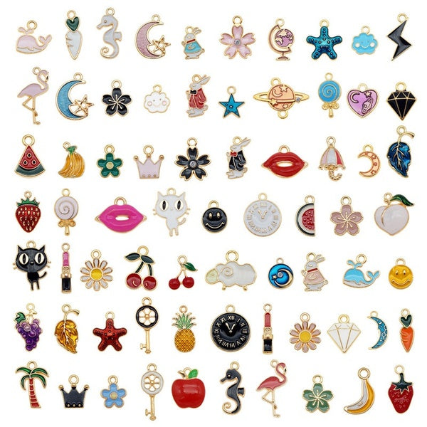 60PCS Enamel Charms Random Mixed Animal Flower Fruit Moon Alloy Necklace Bracelet Drop Oil Jewelry Making Accessory