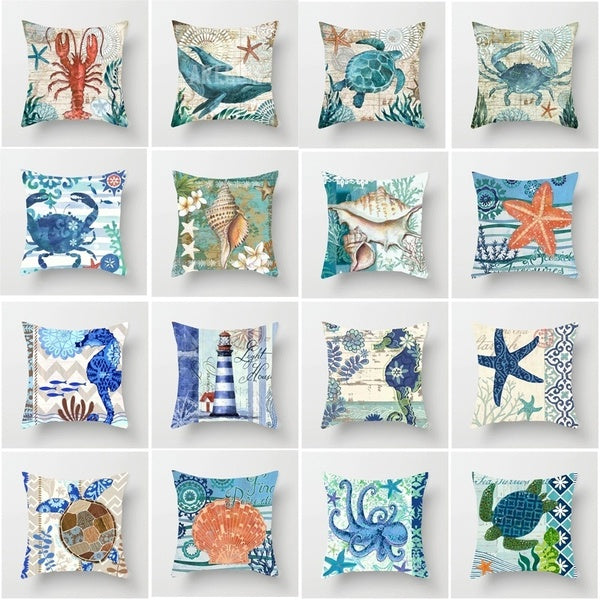 18 Inches Retro Marine Life Swimming Animal Fish Turtle Hippocampu Whale Marine Starfish Octopus Pattern Cotton Linen Throw Pillow Cover Sofa Car Cus