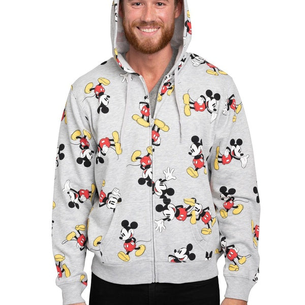 Disney Mens Mickey Mouse Zip Up Hoodie All-Over Print Sweatshirt Heather Gray