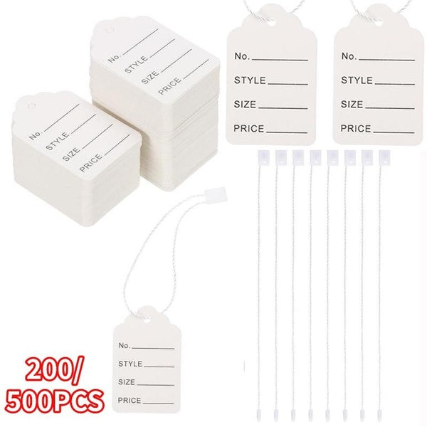 Price Tags with String Attached Labeling, 200-500PCS White Marking Tag Small Paper Price Labels Clothing Hanging Stickers Blank Strung Label Hang Tag