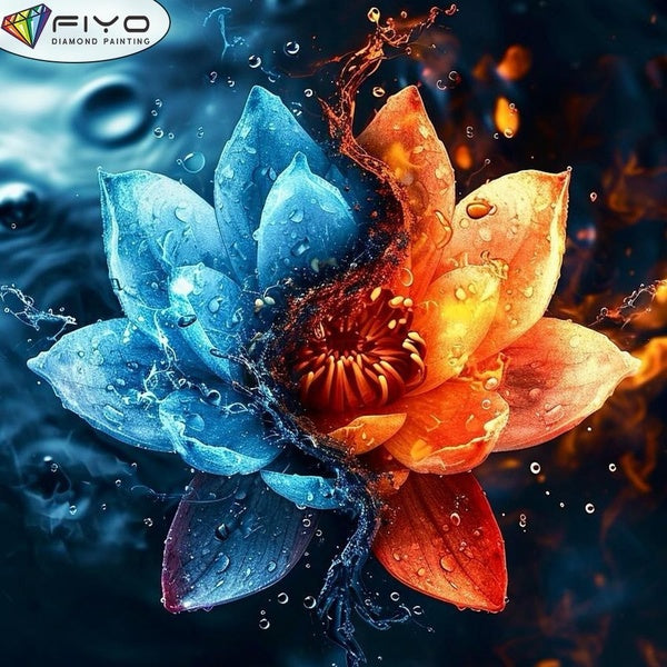 FIYO DIY 5D Ice and Fire Lotus Diamond Painting Full Drill with Number Kits Home and Kitchen Fashion Mosaic Diamond Painting Canvas Wall Decoration G