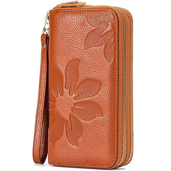 Mode femmes portefeuille en cuir véritable Long Double fermeture éclair embrayage sac à main porte-cartes