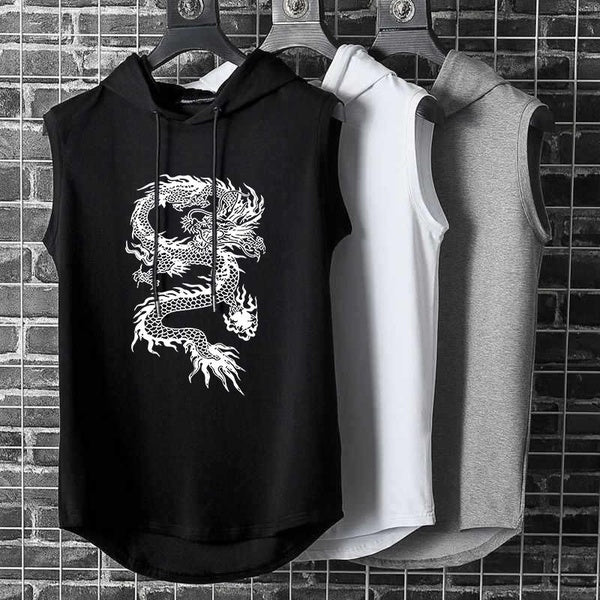 Dragon Men Hoodies Tank Top Sleeveless Muscle Gym Sport Slim Vest Bodybuilding Hooded Hip Hop Streetwear Workout Elastic Men Tank Top
