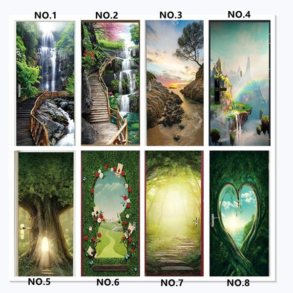 Natural Landscape Tree River 3D Door Sticker Art Wall Decor Mural Self-adhesive Wallpaper For Doors Renew Wardrobe Decoration